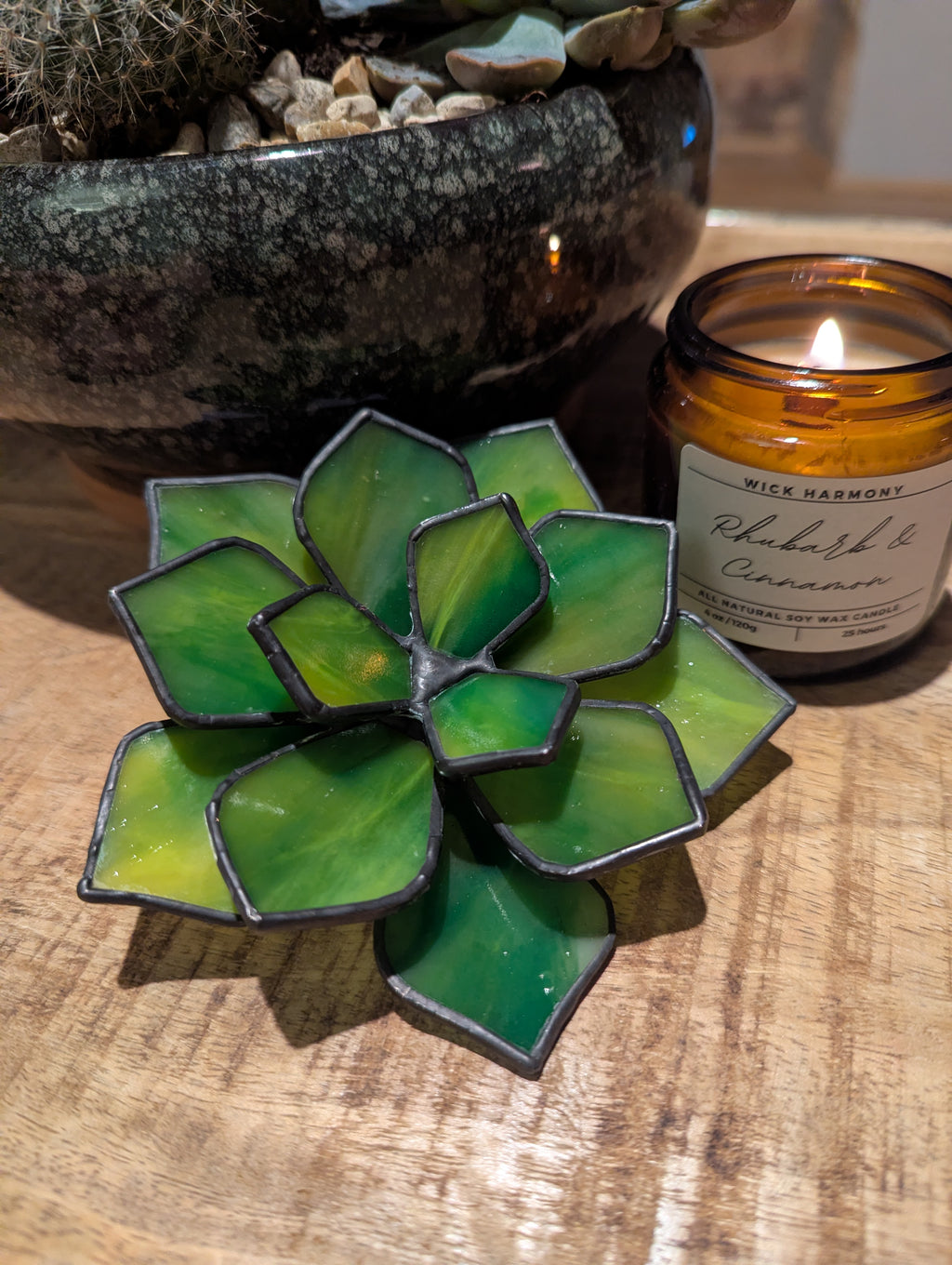 Green Stained Glass Succulent with black patina