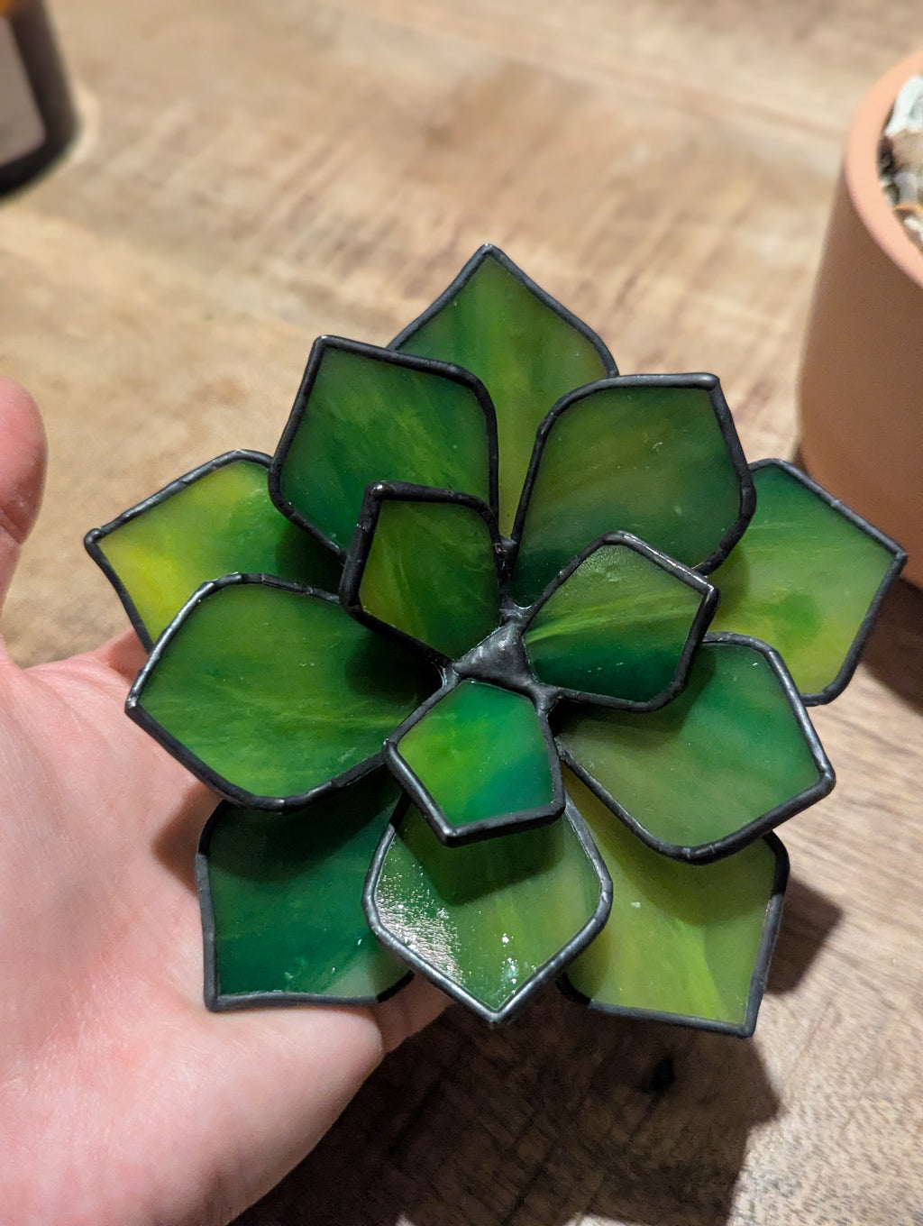 Green Stained Glass Succulent with black patina