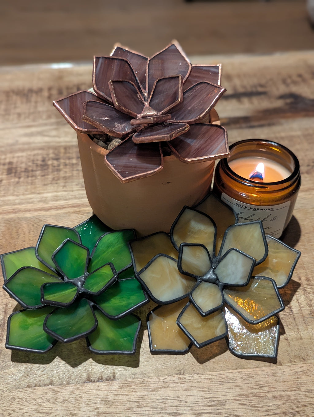 Green Stained Glass Succulent with black patina