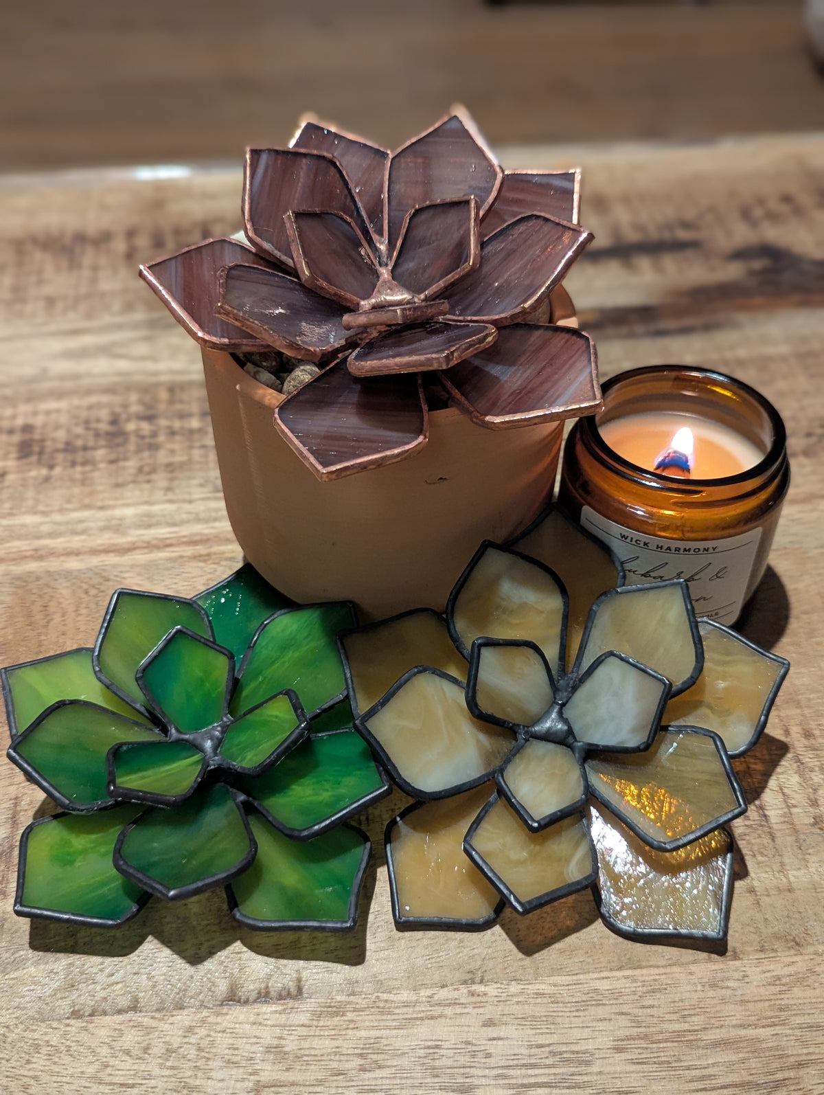 Green Stained Glass Succulent with black patina