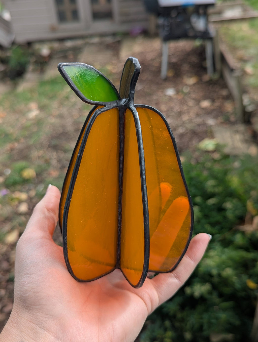 Handmade stained glass 3D pumpkin - tall, transparent orange without spiral