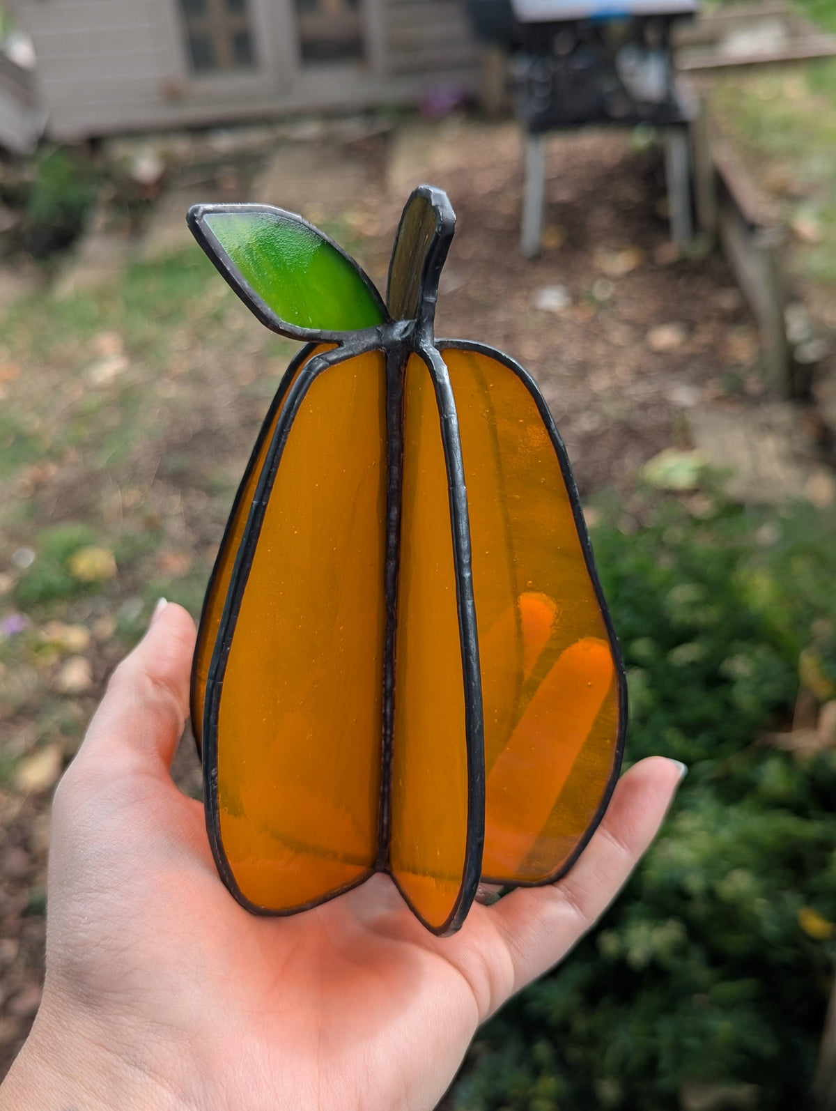 Handmade stained glass 3D pumpkin - tall, transparent orange without spiral