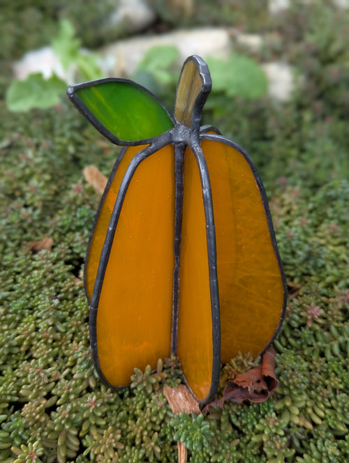 Handmade stained glass 3D pumpkin - tall, transparent orange without spiral