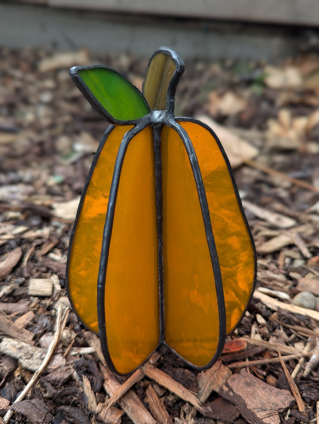 Handmade stained glass 3D pumpkin - tall, transparent orange without spiral