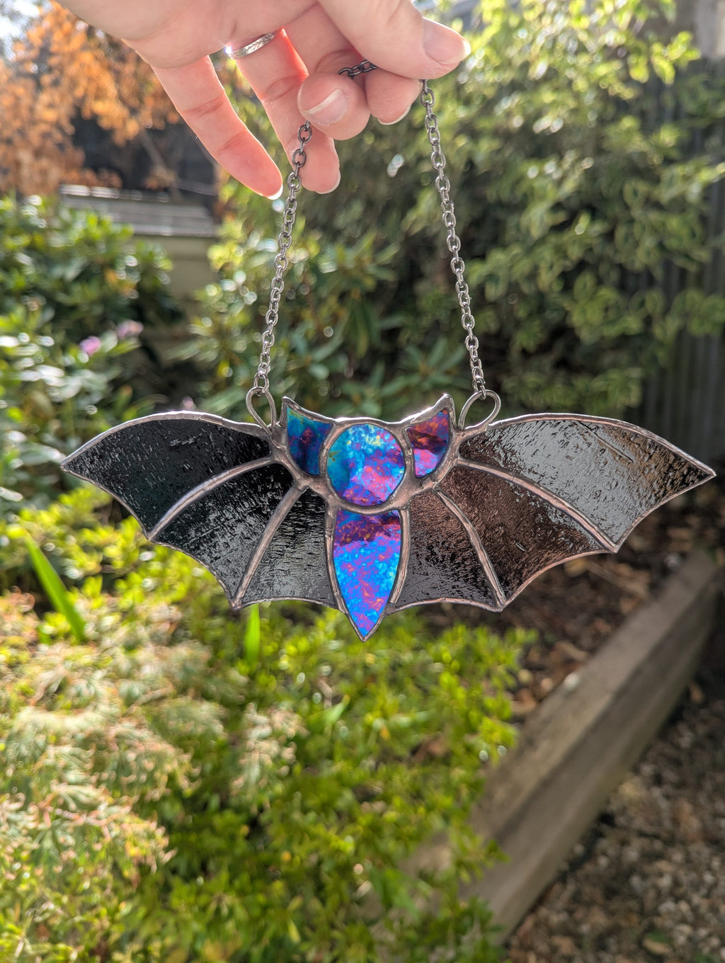 Stained glass iridescent reversable bat