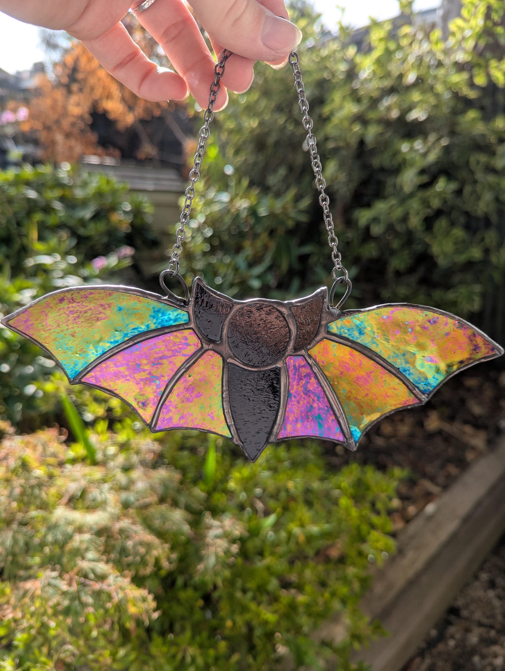 Stained glass iridescent reversable bat