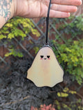 Stained glass hanging ghostie - White opal iridescent with black hearts and pink cheeks