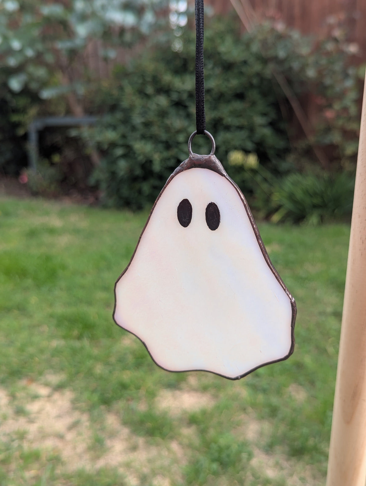 Stained glass hanging ghostie - White opal iridescent with black oval eyes