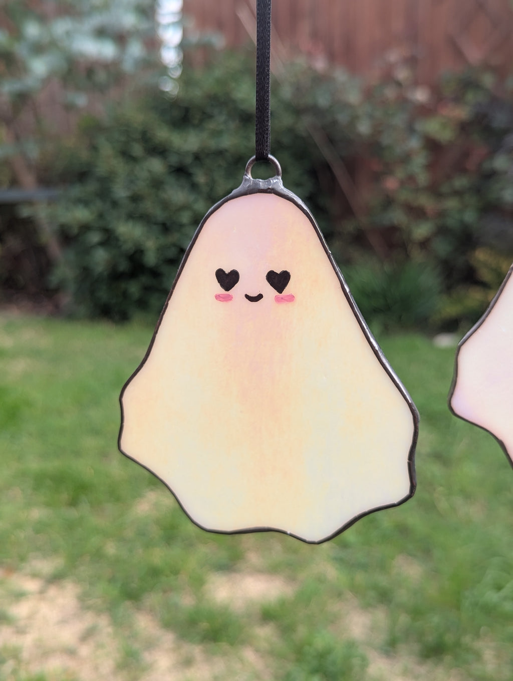 Stained glass hanging ghostie - White opal iridescent with black hearts and pink cheeks
