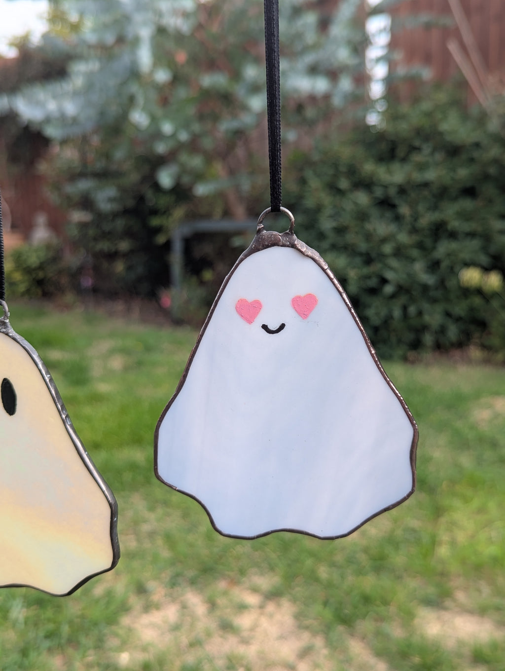 Stained glass hanging ghostie - White & grey glass with pink hearts