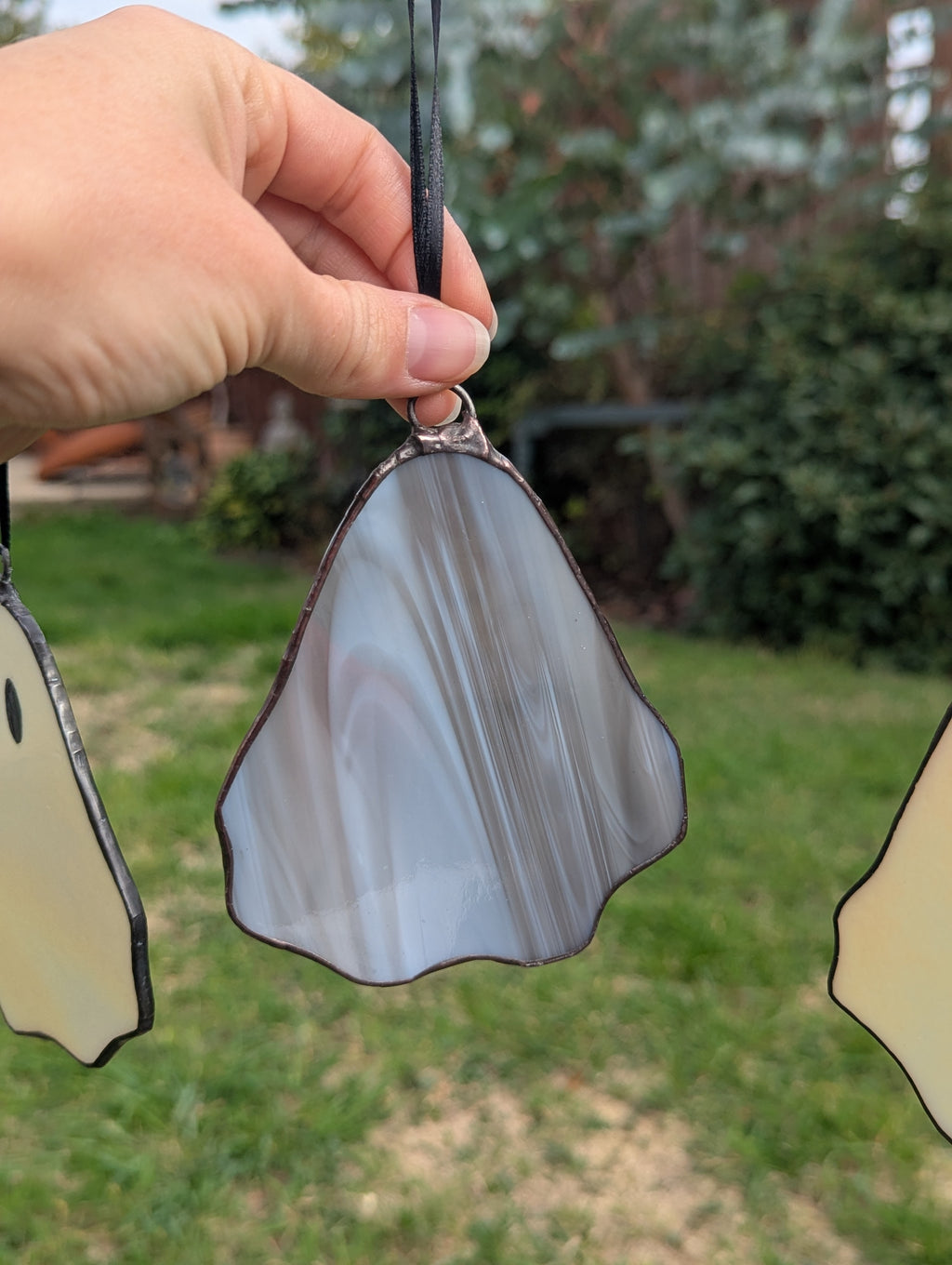 Stained glass hanging ghostie - White & grey glass with pink hearts