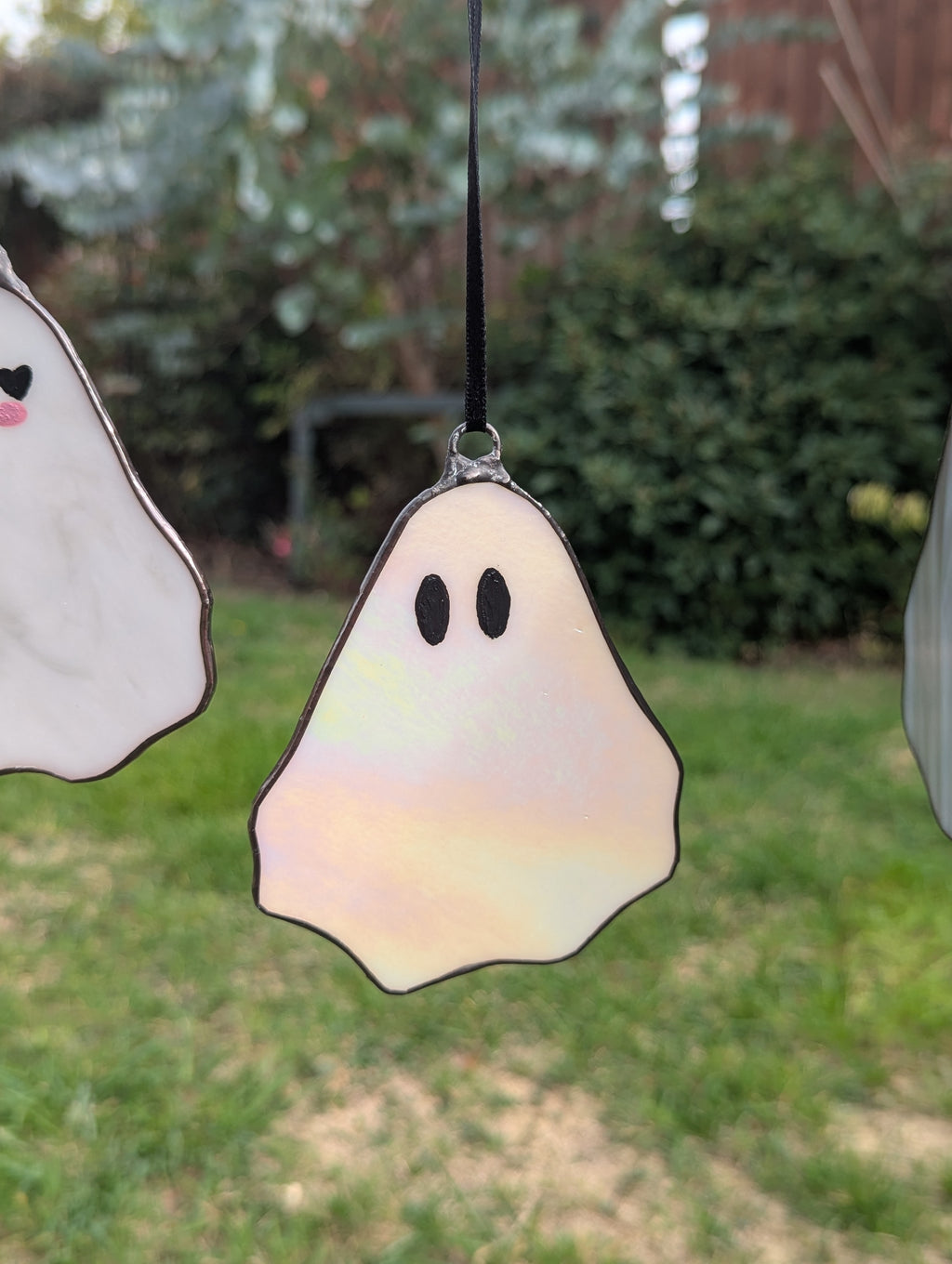 Stained glass hanging ghostie - White opal iridescent with black oval eyes