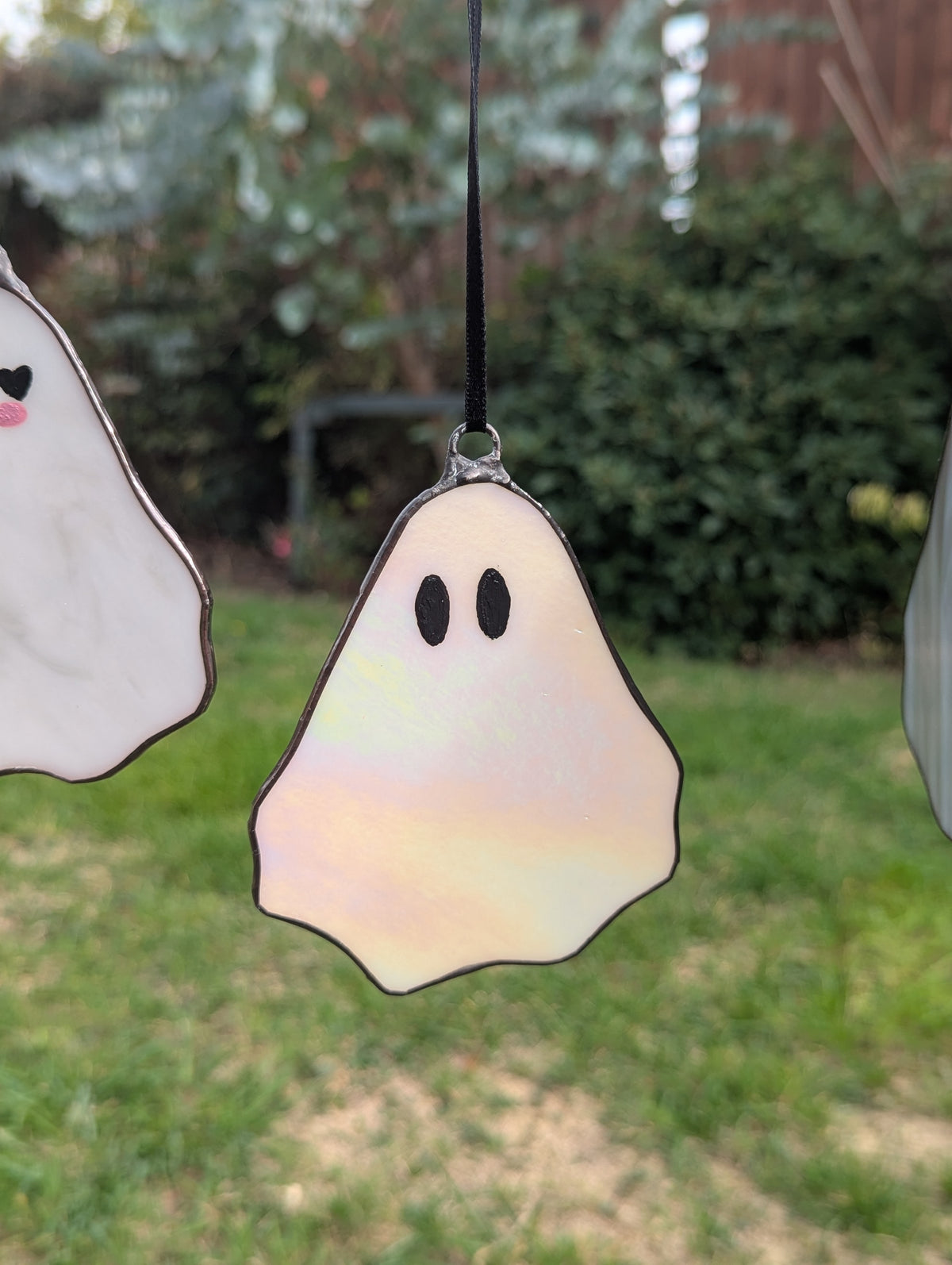Stained glass hanging ghostie - White opal iridescent with black oval eyes