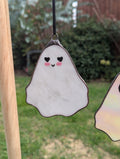 Stained glass hanging ghostie - White & grey glass with black hearts and pink cheeks