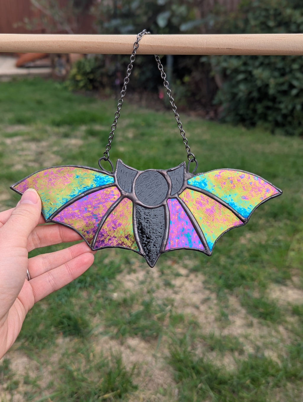Stained glass iridescent reversable bat