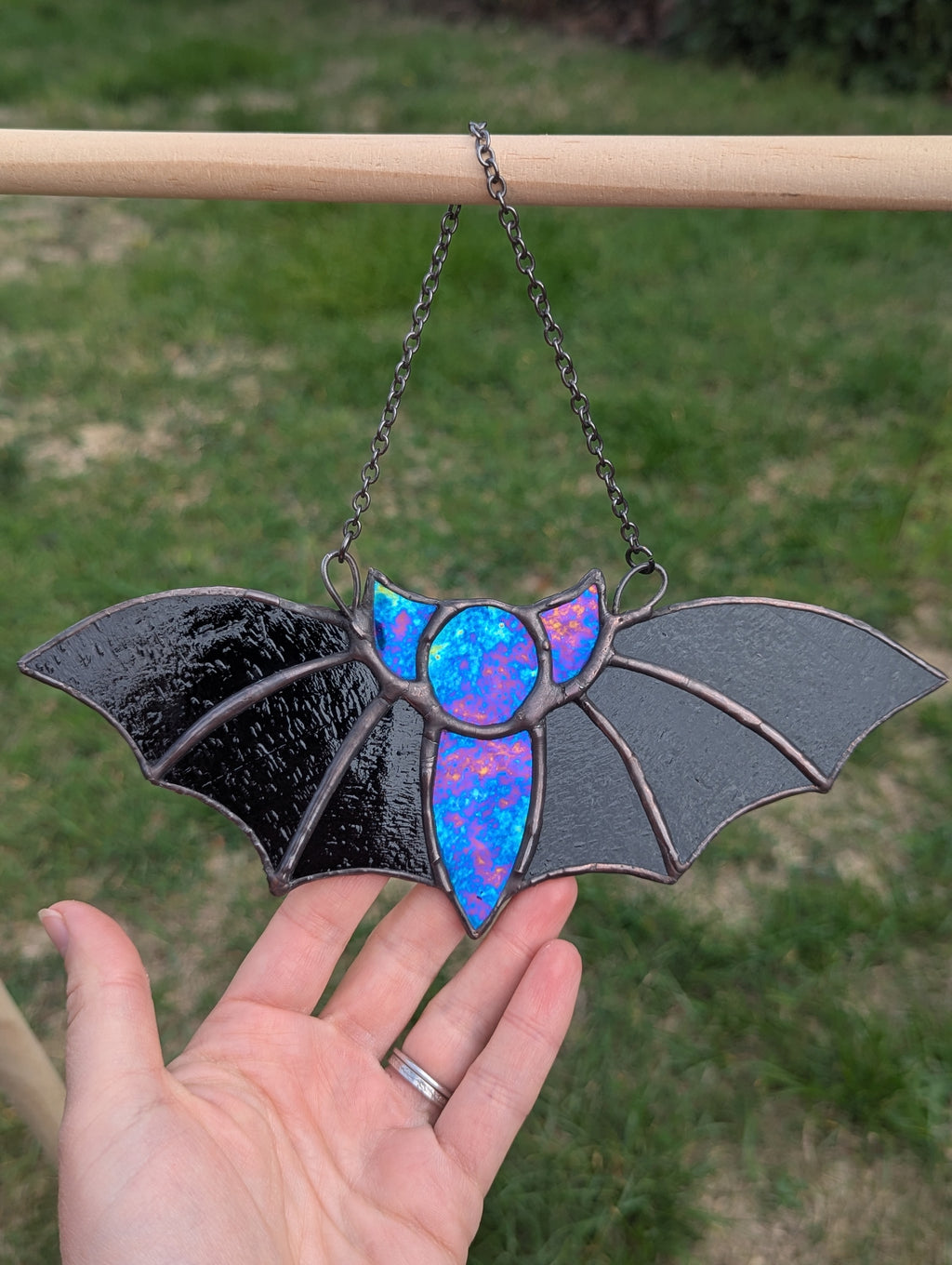 Stained glass iridescent reversable bat