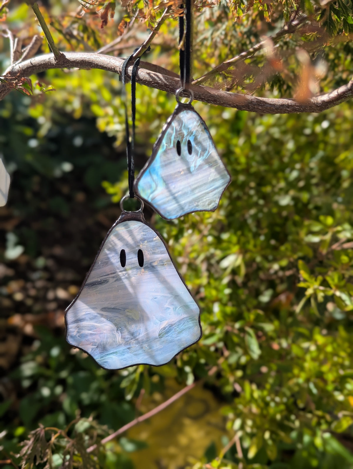 Limited Edition- Stained glass hanging ghosty - White wispy glass with opal eyes