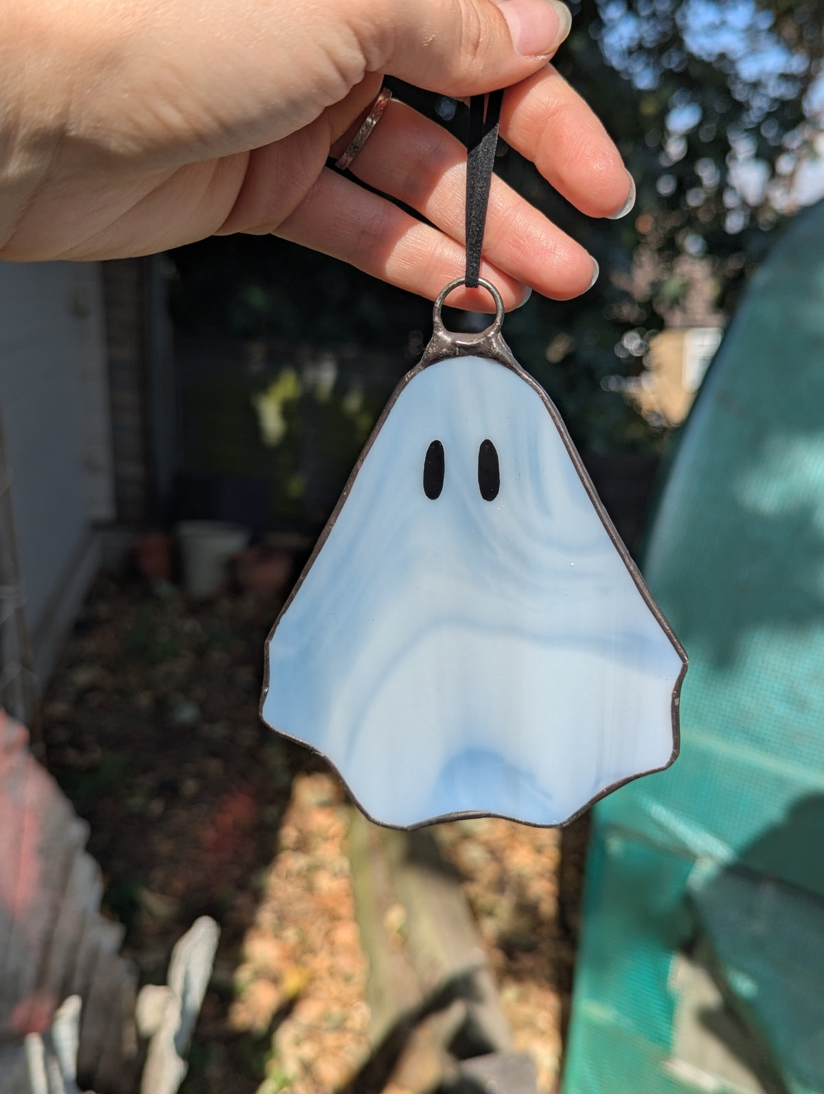 Stained glass hanging ghosty - White & Blue/Grey glass with black opal eyes