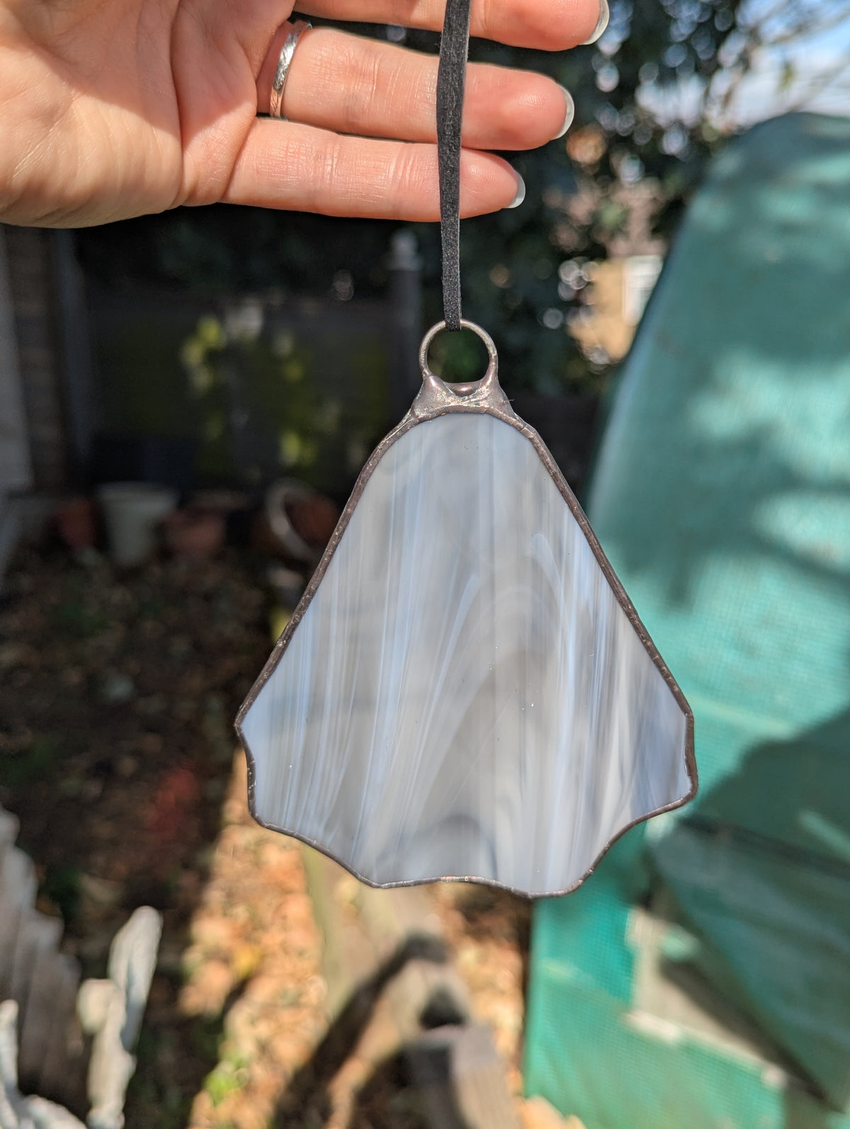 Stained glass hanging ghosty - White & Blue/Grey glass with black opal eyes
