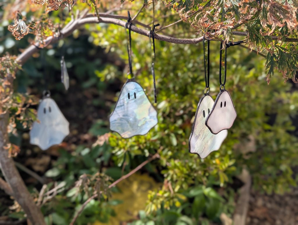 Limited Edition- Stained glass hanging ghosty - White wispy glass with opal eyes