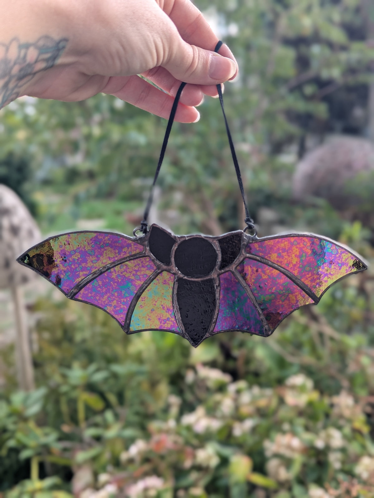 Stained glass iridescent reversable bat - with velvet cord
