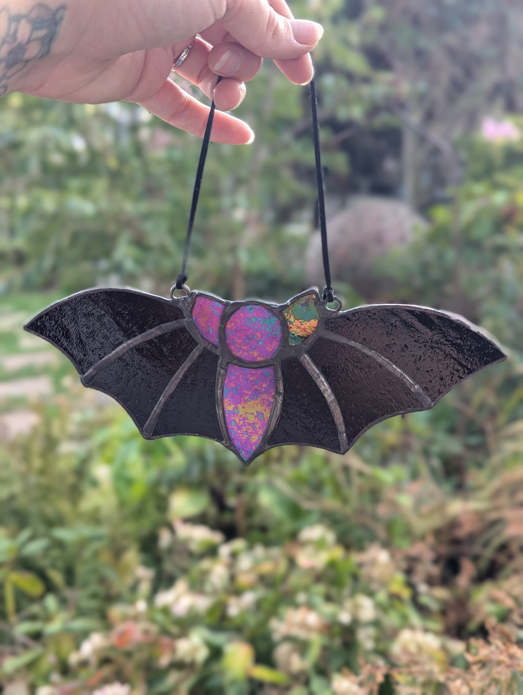 Stained glass iridescent reversable bat - with velvet cord