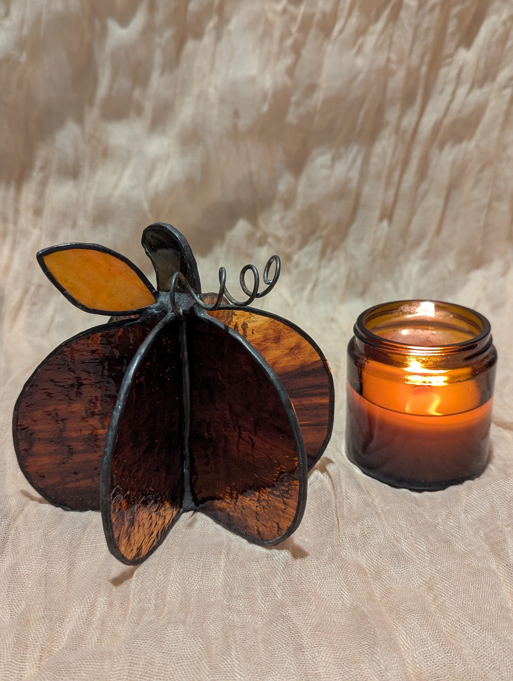 Handmade stained glass 3D pumpkin - Brown, round pumpkin with orange leaf