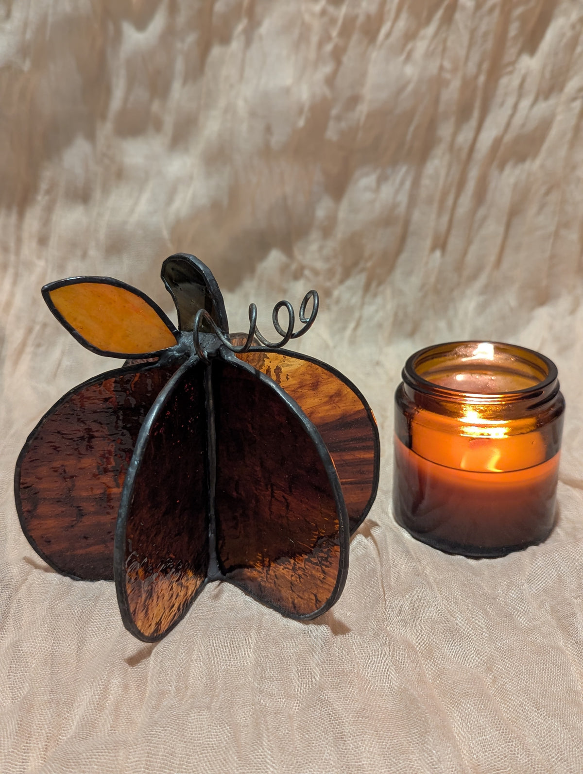 Handmade stained glass 3D pumpkin - Brown, round pumpkin with orange leaf