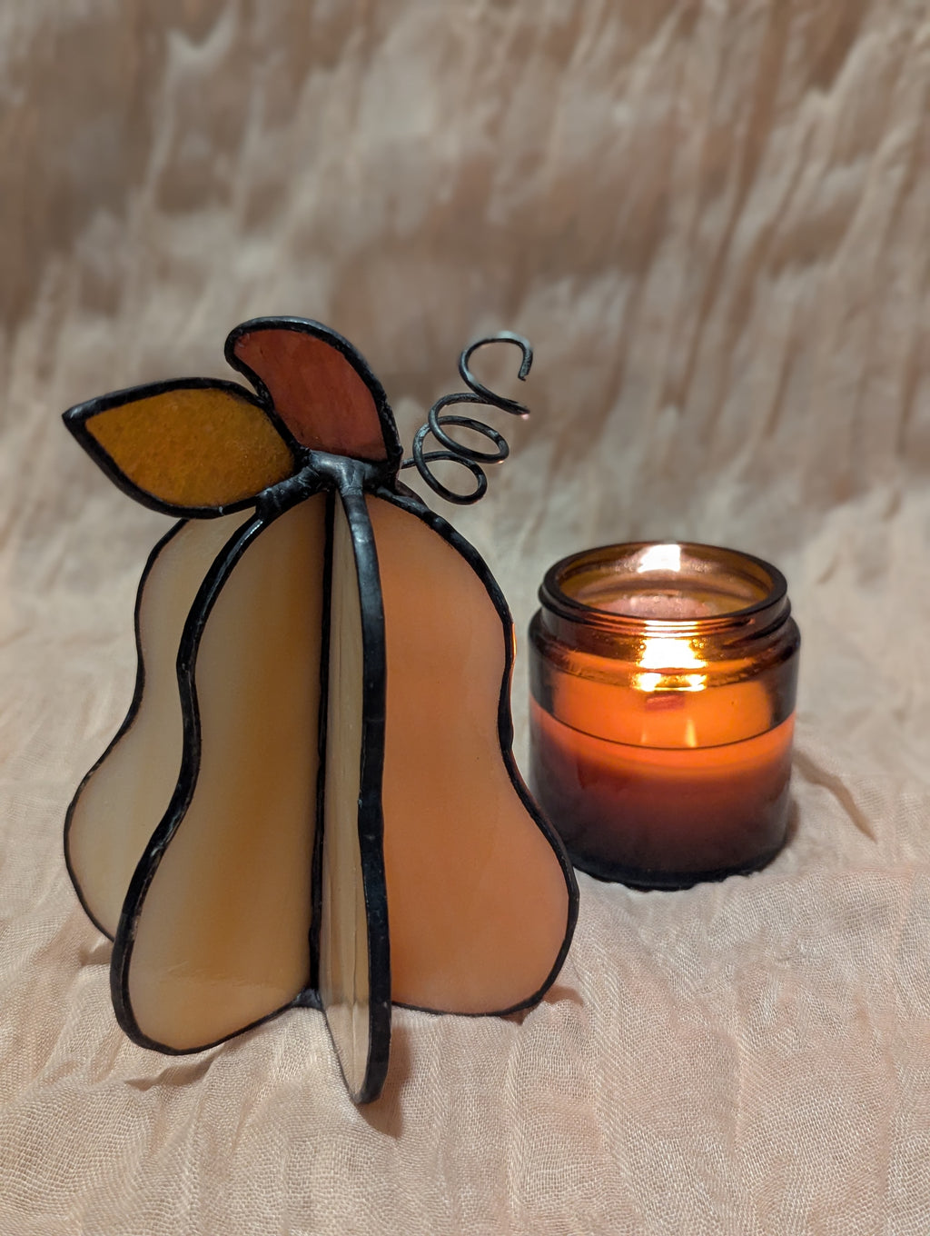 Handmade stained glass 3D squash - creamy white squash with orange leaf