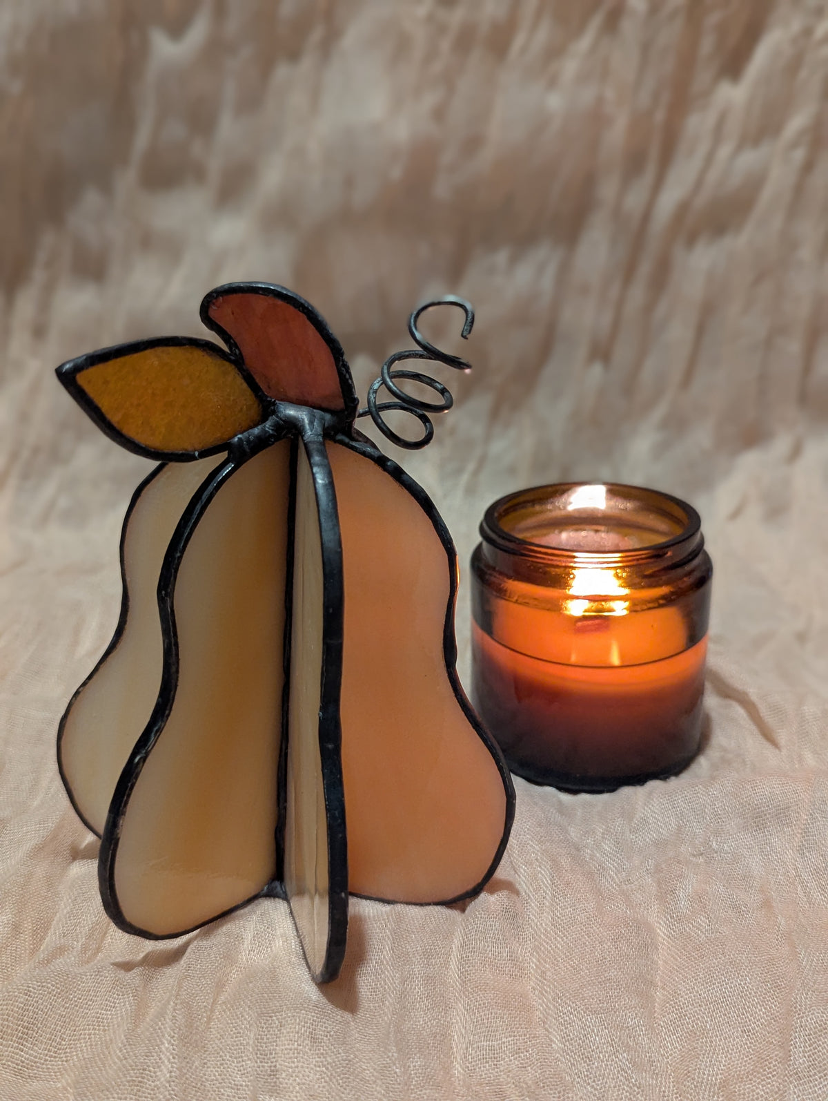 Handmade stained glass 3D squash - creamy white squash with orange leaf