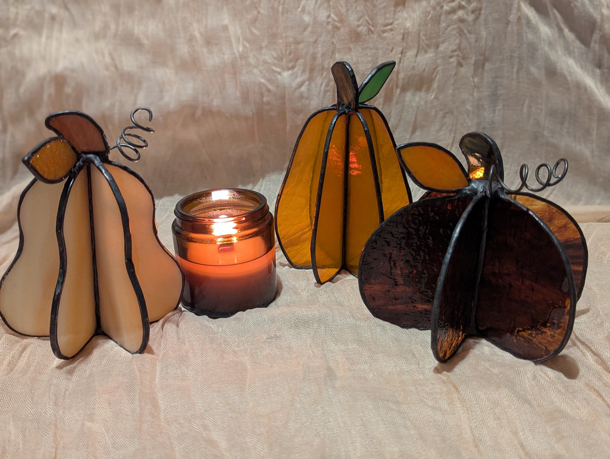 Handmade stained glass 3D pumpkin - Brown, round pumpkin with orange leaf