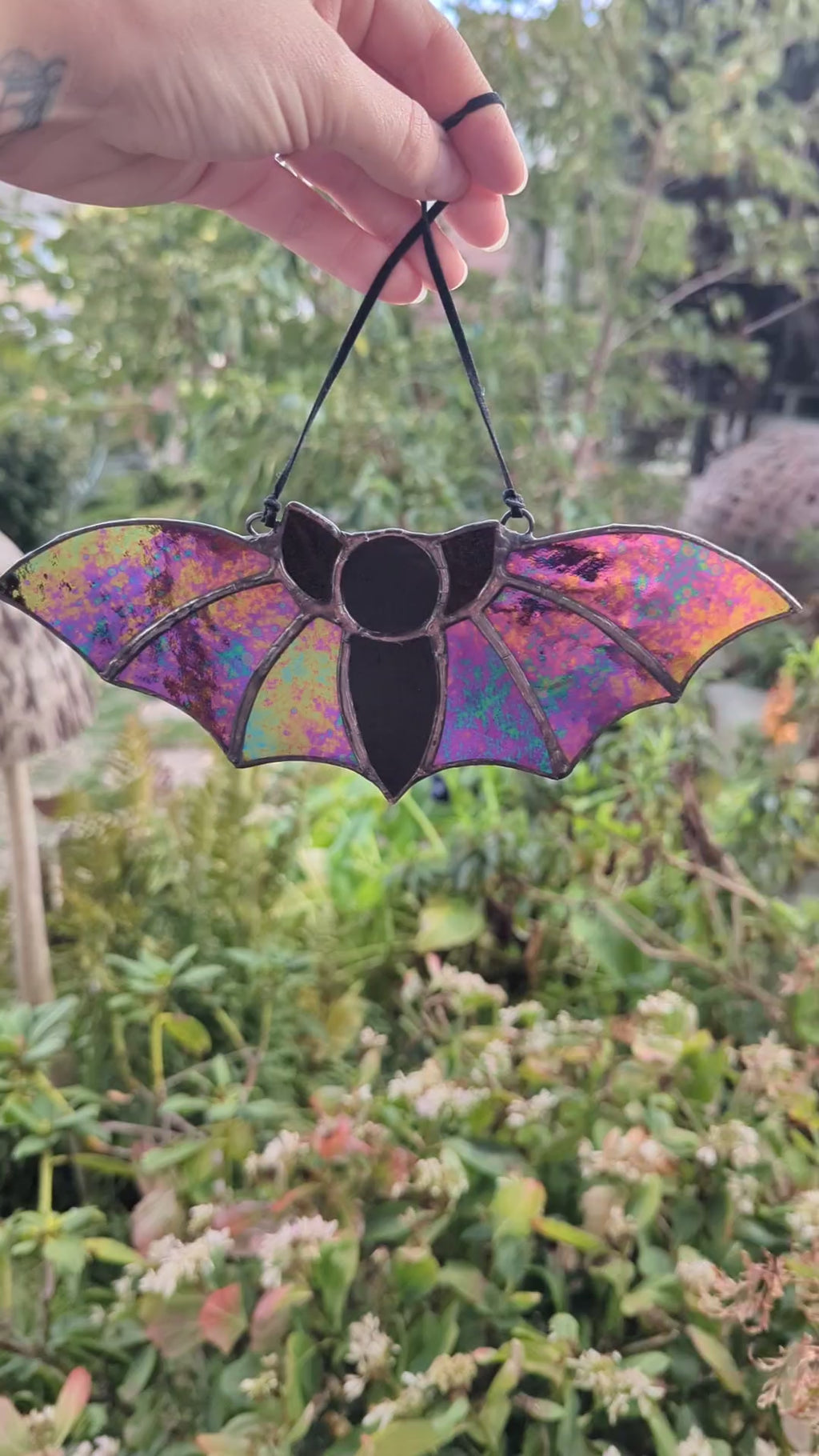 Stained glass iridescent reversable bat - with velvet cord