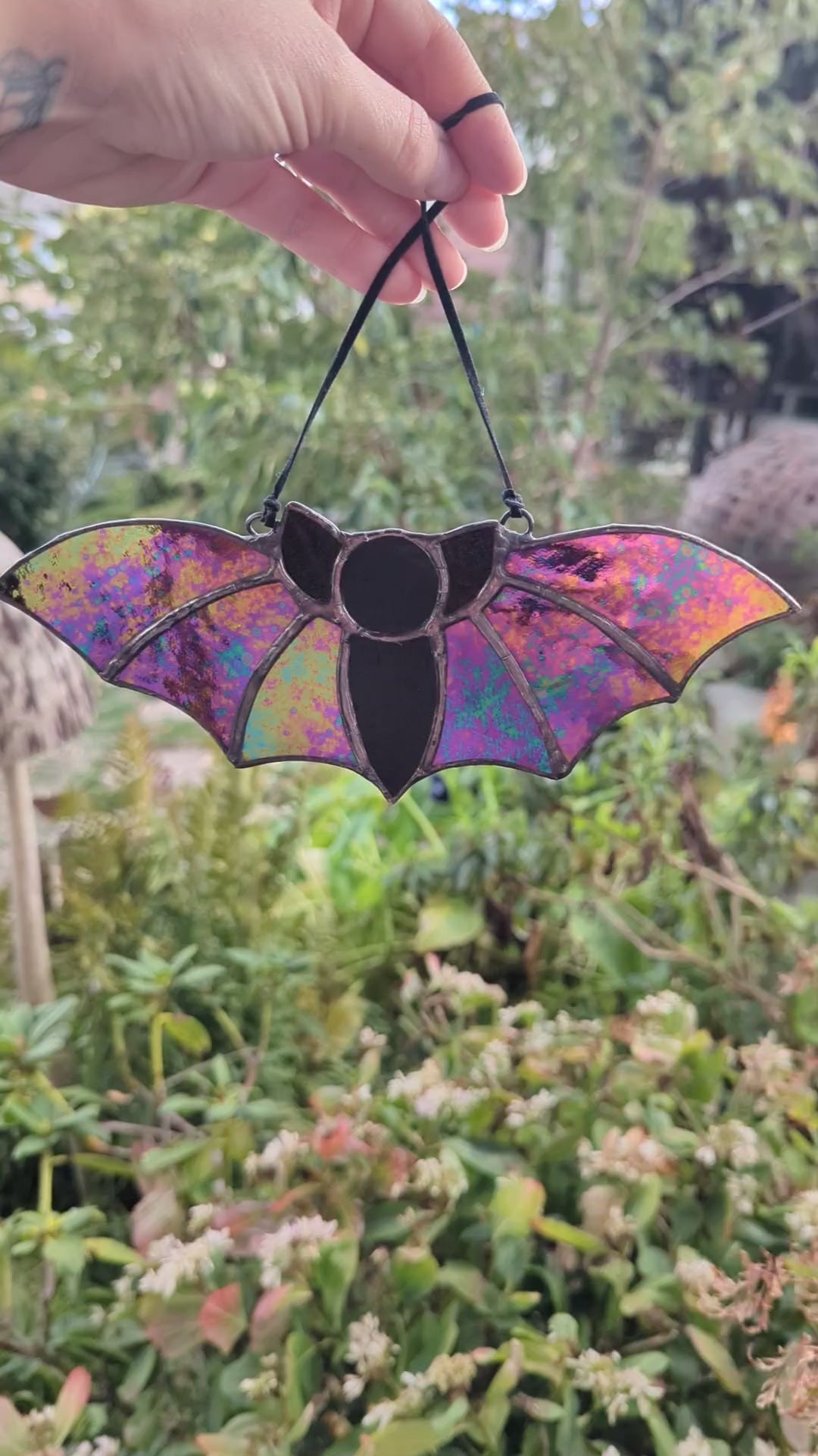 Stained glass iridescent reversable bat - with velvet cord
