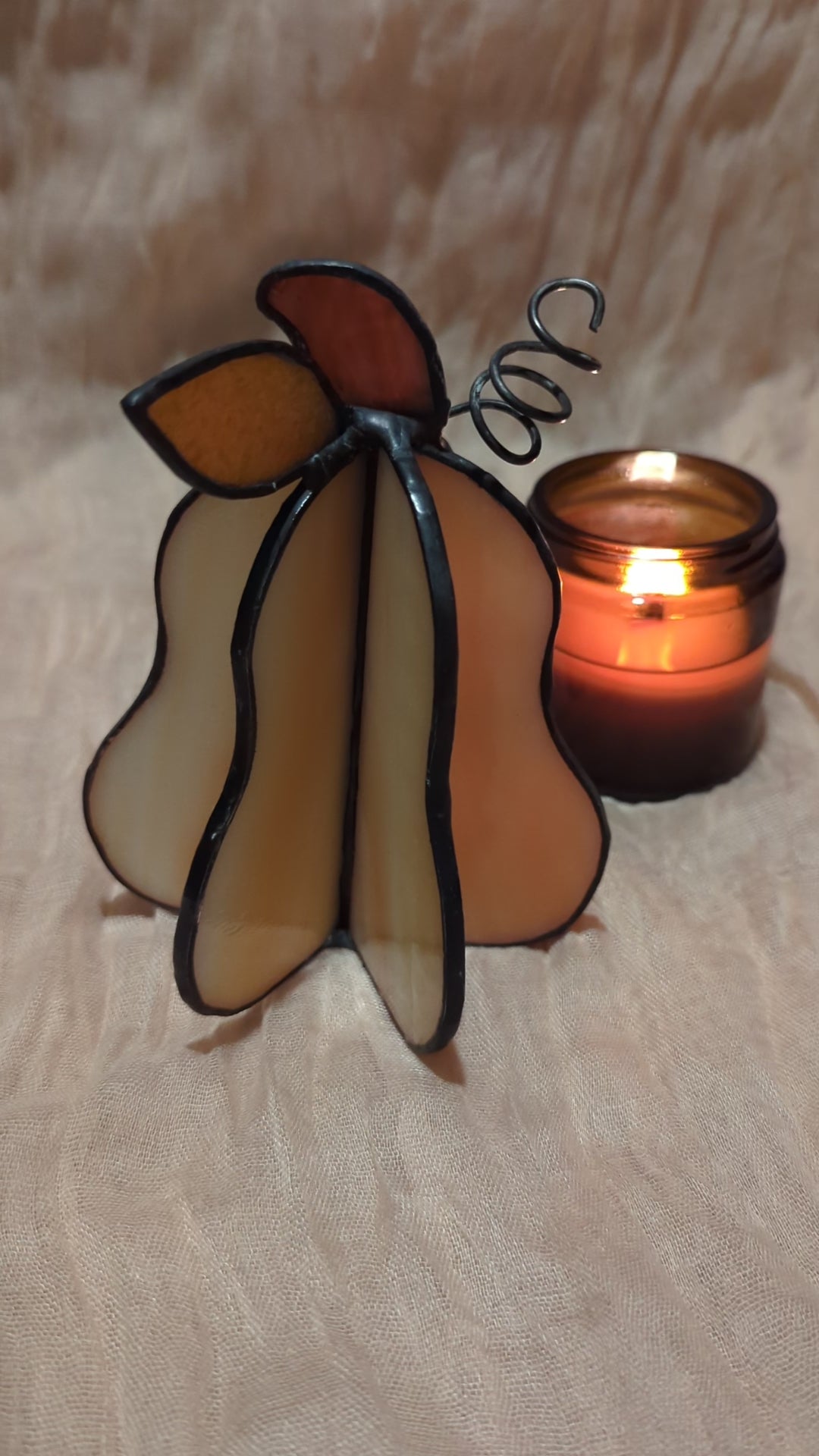 Handmade stained glass 3D squash - creamy white squash with orange leaf