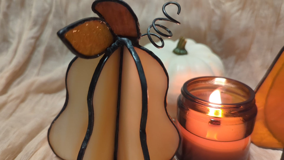 Handmade stained glass 3D pumpkin - Brown, round pumpkin with orange leaf