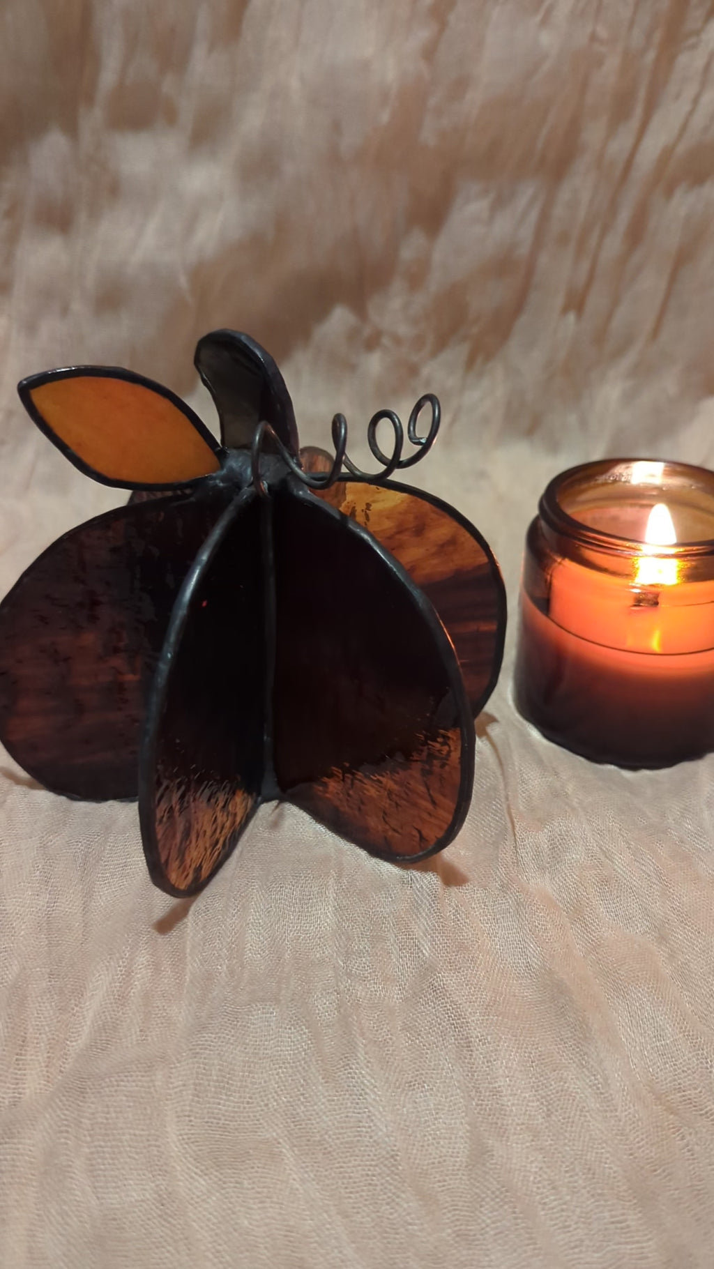 Handmade stained glass 3D pumpkin - Brown, round pumpkin with orange leaf