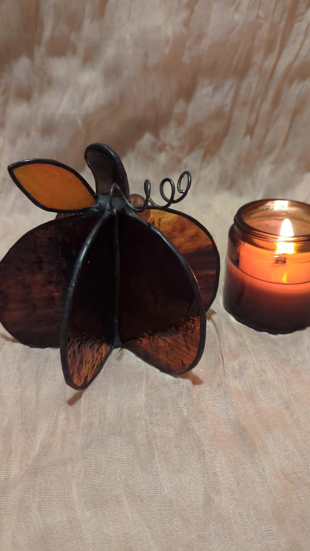 Handmade stained glass 3D pumpkin - Brown, round pumpkin with orange leaf