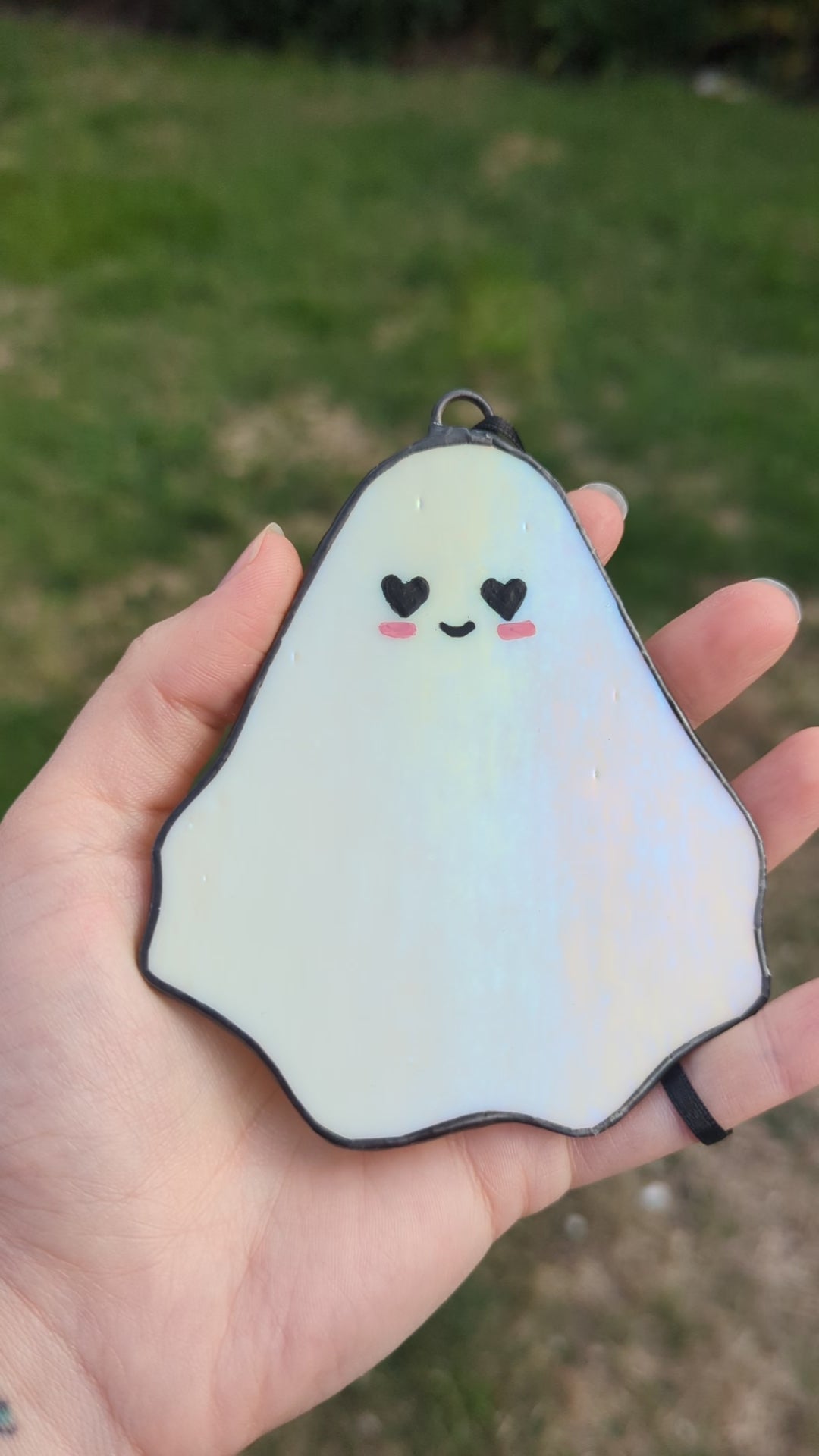 Stained glass hanging ghostie - White opal iridescent with black hearts and pink cheeks