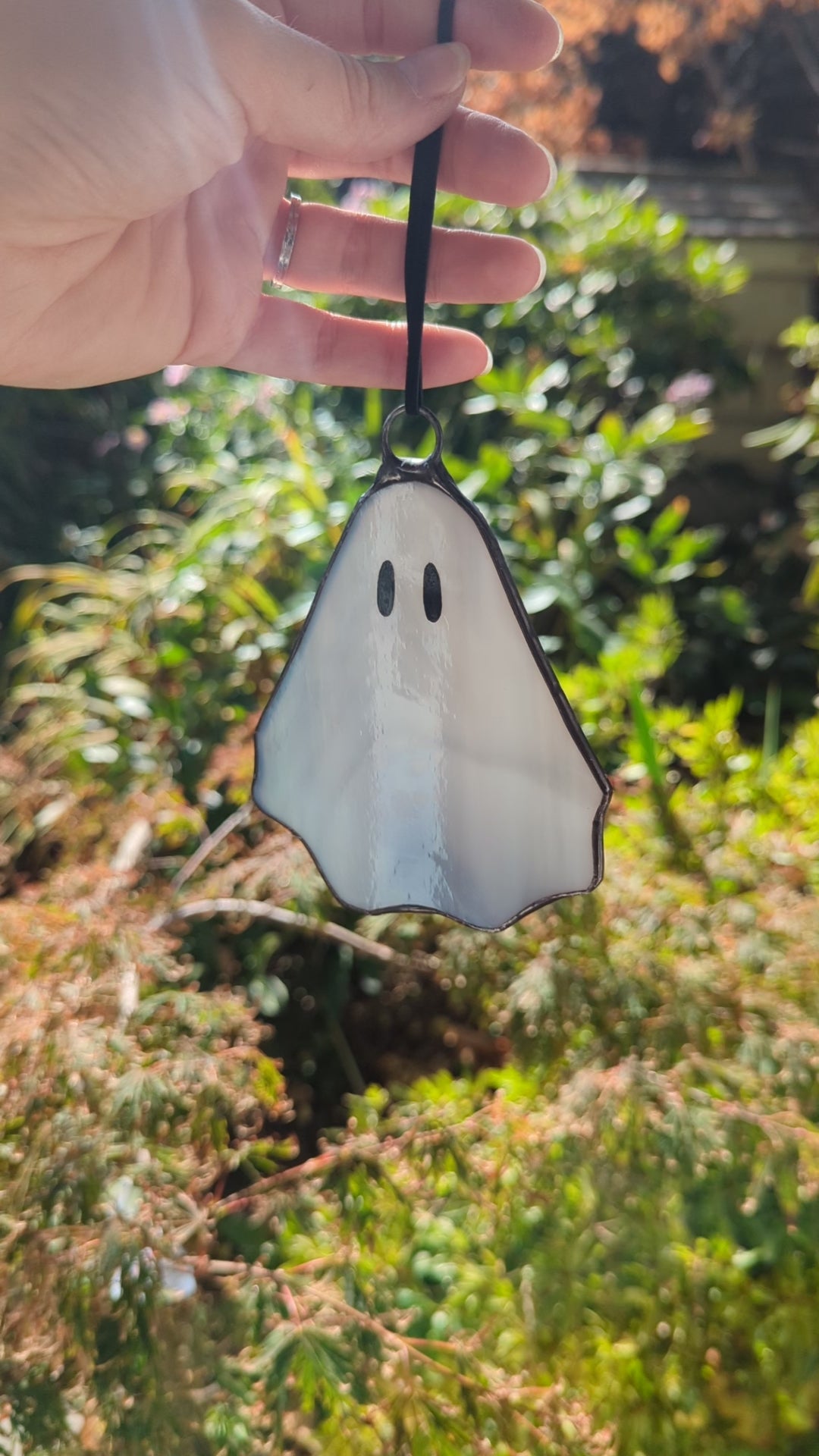 Stained glass hanging ghosty - White & Blue/Grey glass with black opal eyes