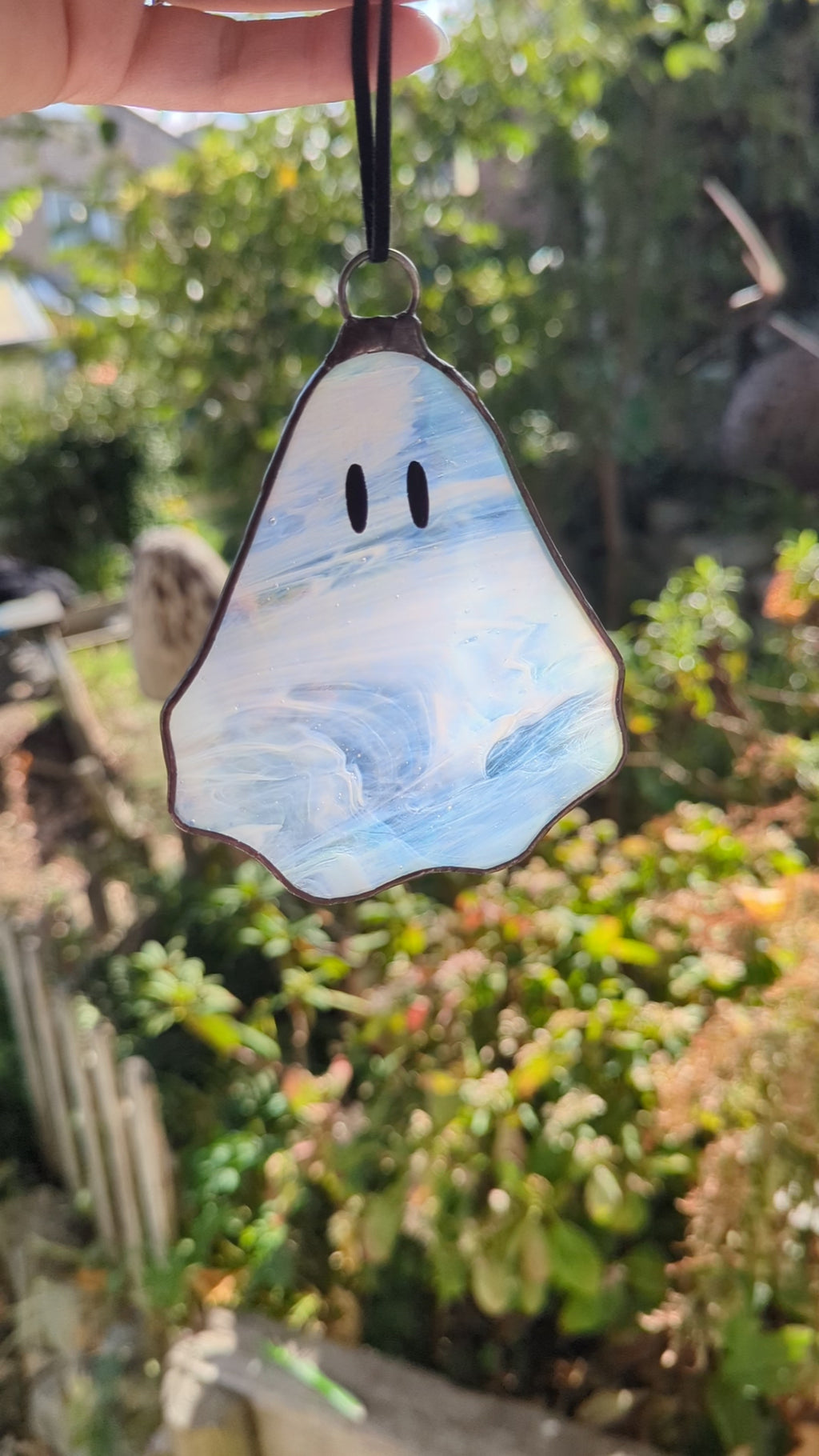 Limited Edition- Stained glass hanging ghosty - White wispy glass with opal eyes