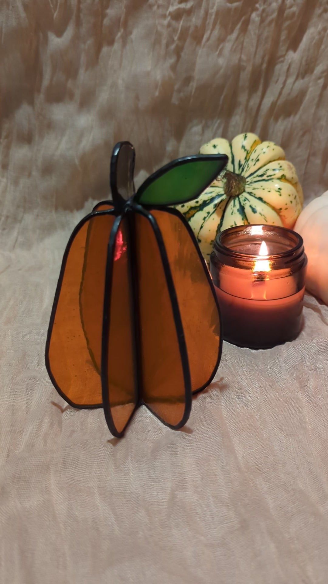 Handmade stained glass 3D pumpkin - tall, transparent orange without spiral